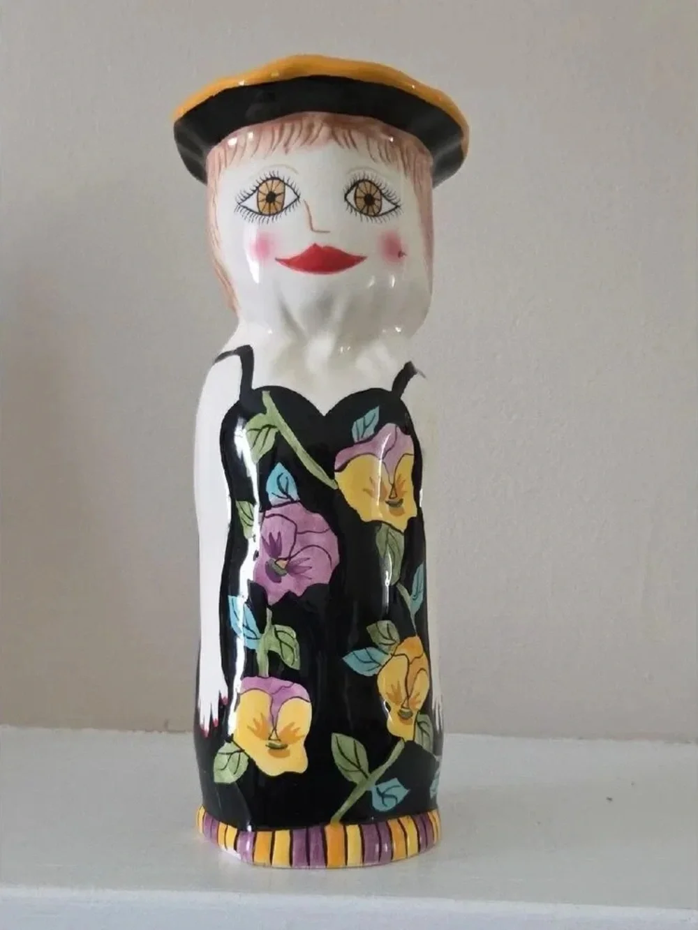 Decorative Ceramic Figurine Vase - Black with Yellow & Purple Floral Accent